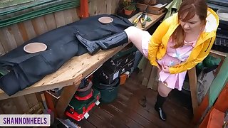 'Please don't tell my Parents' - Squirting Battle-axe Gets Caught in Shed and Ass Fucked - Shannon Heels